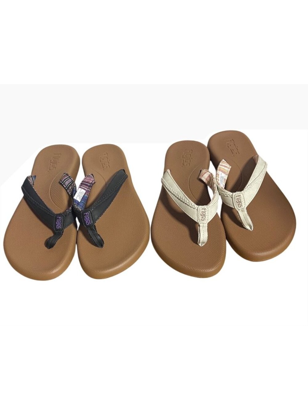 Flojos Womens Maddy Flip Flops Size 7 Black & Ivory Sandals Cushioned Sole 2 prs